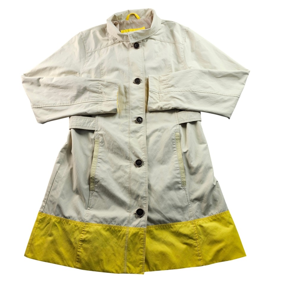 Eddie Bauer Trench Coat Women Medium Beige Yellow Cinch Long Sleeve Button Front